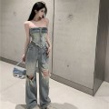 【预购】复古牛仔抹胸上衣+高腰破洞长裤套装